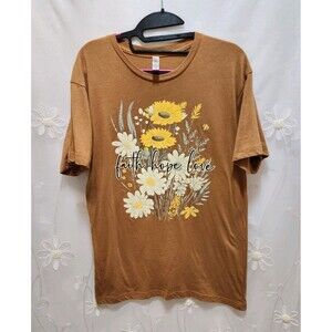 Love In Faith Women Medium Brown T-Shirt Sunflower Daisy Inspiration Boho Hippie